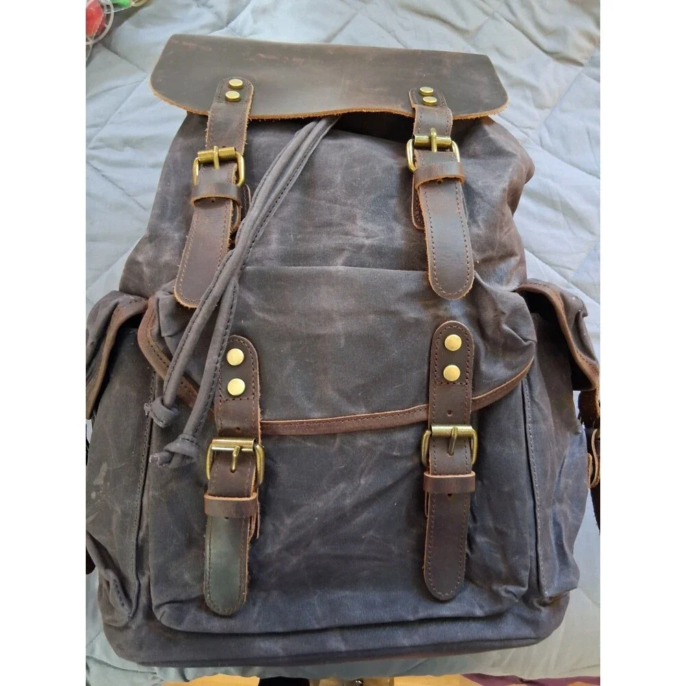 Waterproof waxed canvas back pack, Leather Trim,  rugged, strong, 13 x 6.3 x 17,